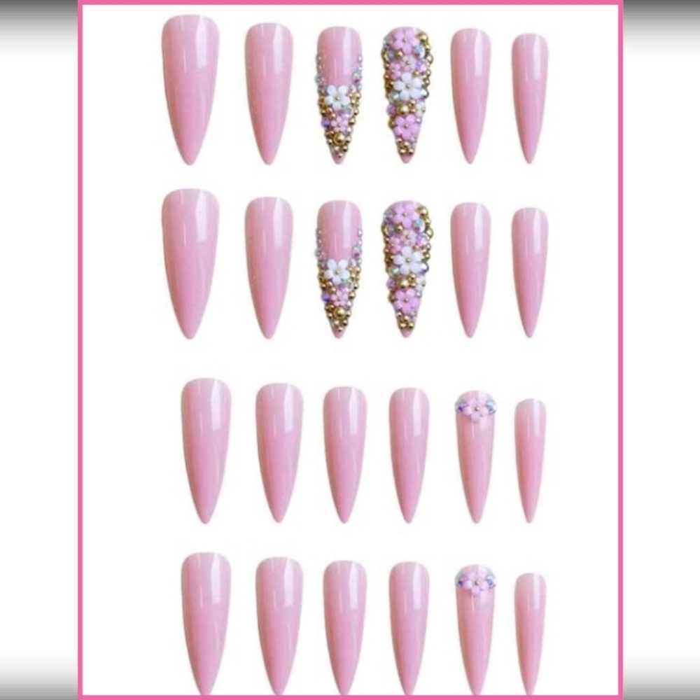 Pink Stiletto Press-On Nails with Floral Accents